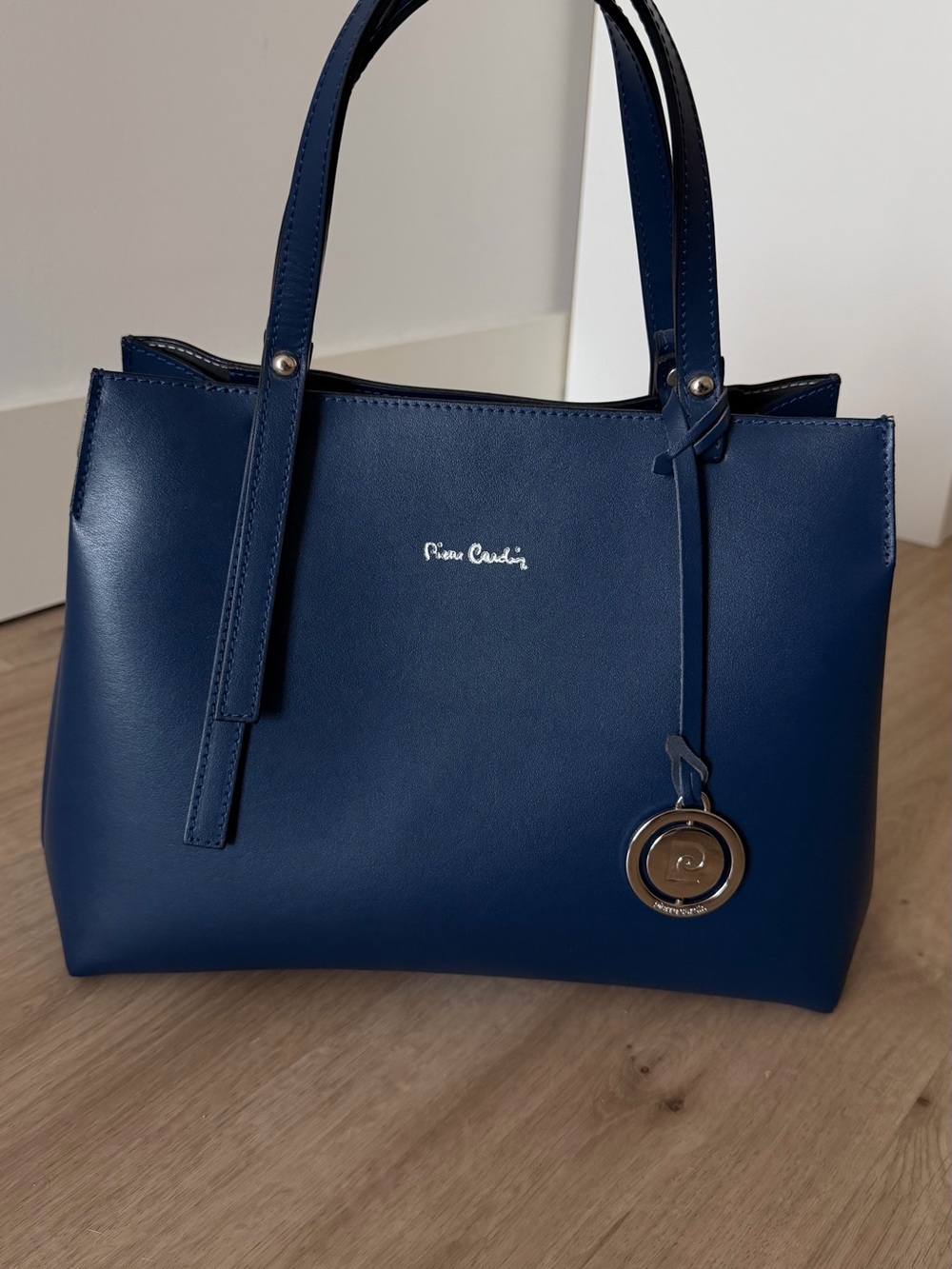 Pierre Cardin Deep Blue Leather Tote with Logo Charm New